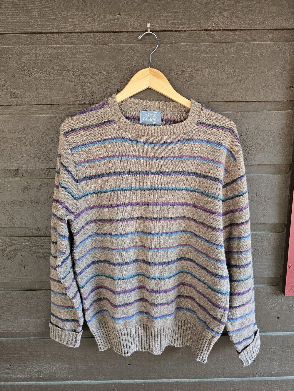 Vintage Le Tigre Striped Wool Blend Crewneck Sweater Men's L Made in USA Grandpa